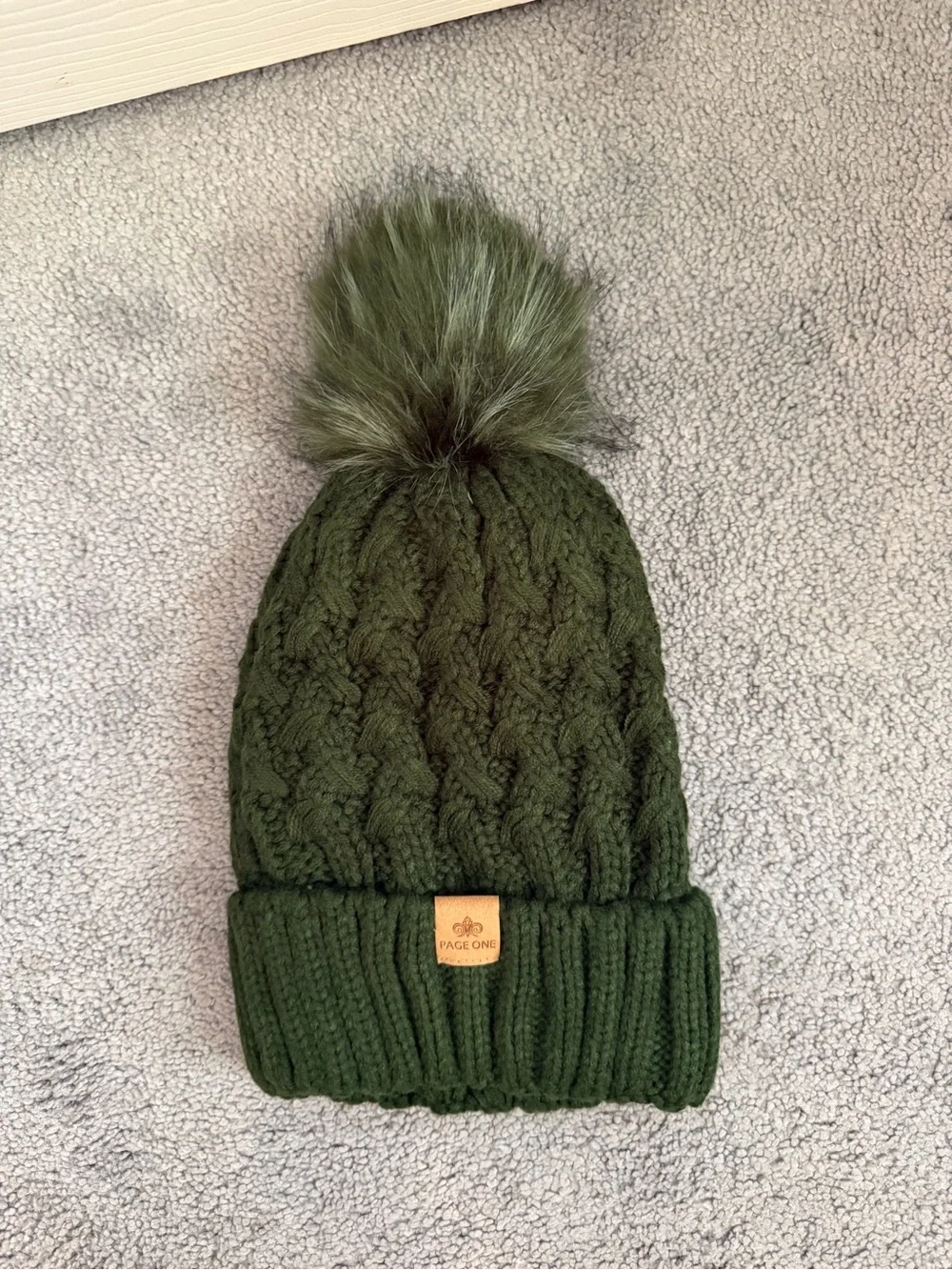 Olive Green Cable Knit Pom Beanie